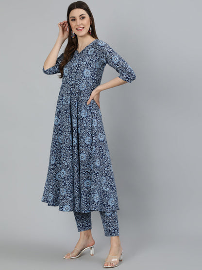 Women's Blue Ethnic Motifs Printed  Cotton Kurta with Palazzos & Dupatta