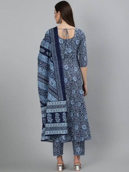 Women's Blue Ethnic Motifs Printed  Cotton Kurta with Palazzos & Dupatta
