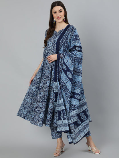 Women's Blue Ethnic Motifs Printed  Cotton Kurta with Palazzos & Dupatta