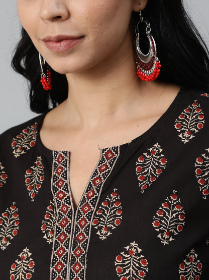 Women's Black Printed Straight Kurta With Plazo & Dupatta