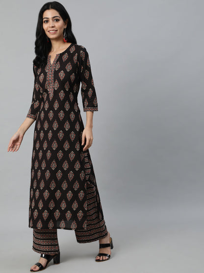 Women's Black Printed Straight Kurta With Plazo & Dupatta