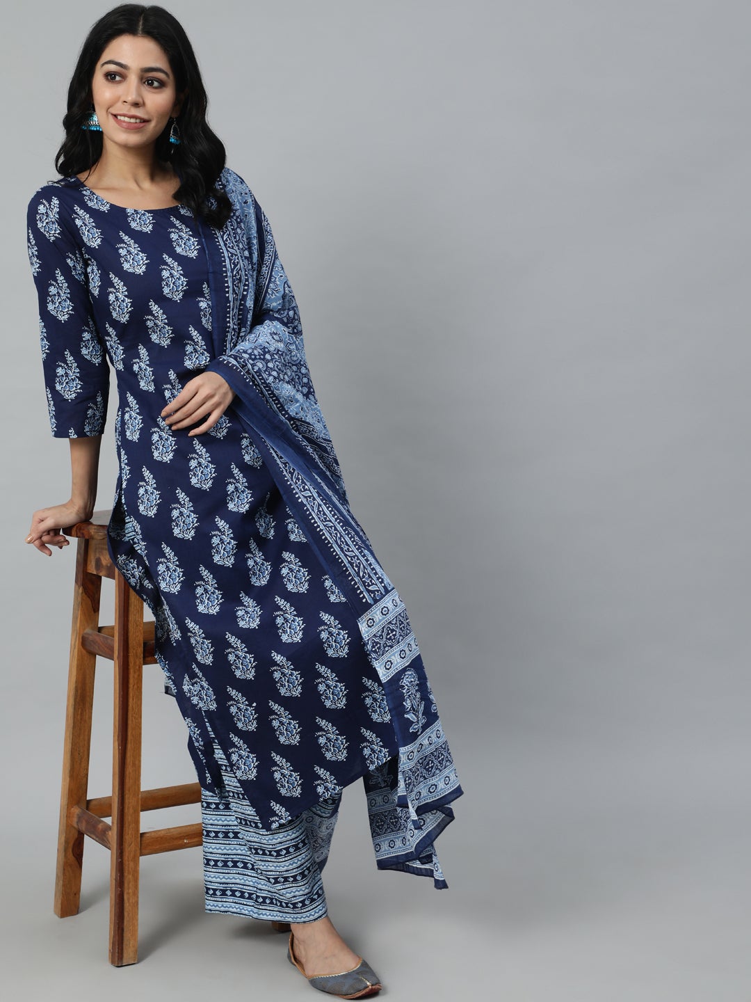 Women's Navy Blue Printed Straight Kurta With Plazo & Dupatta