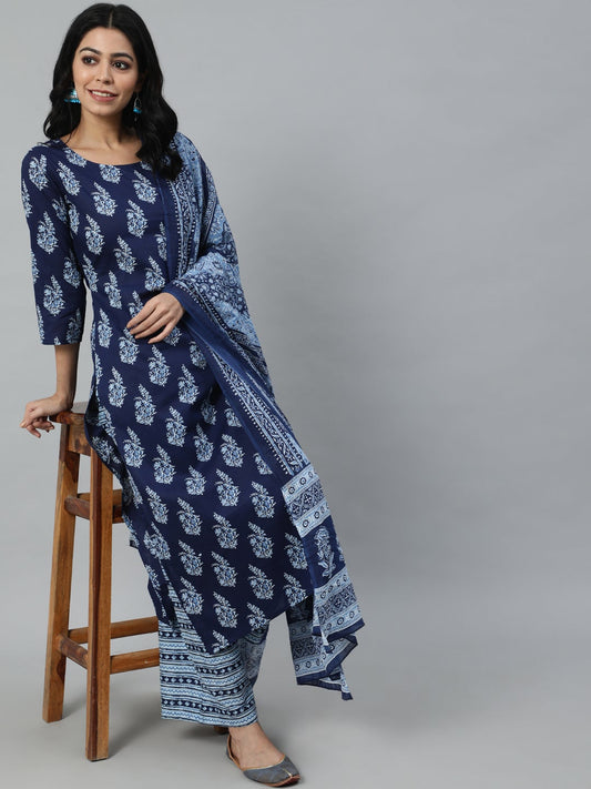 Women's Navy Blue Printed Straight Kurta With Plazo & Dupatta