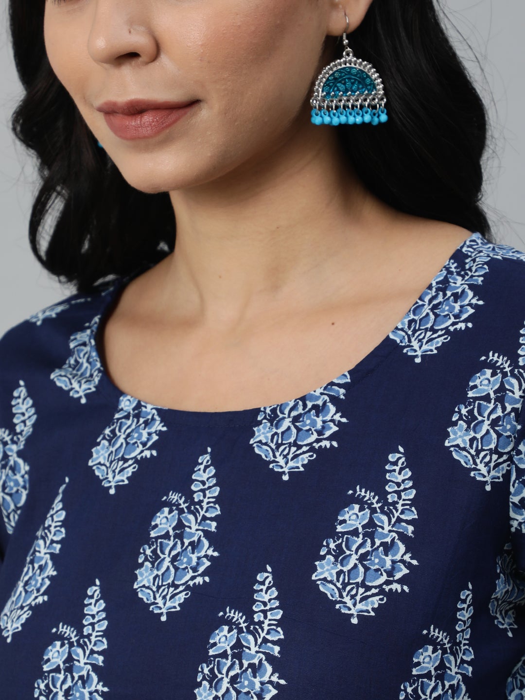 Women's Navy Blue Printed Straight Kurta With Plazo & Dupatta