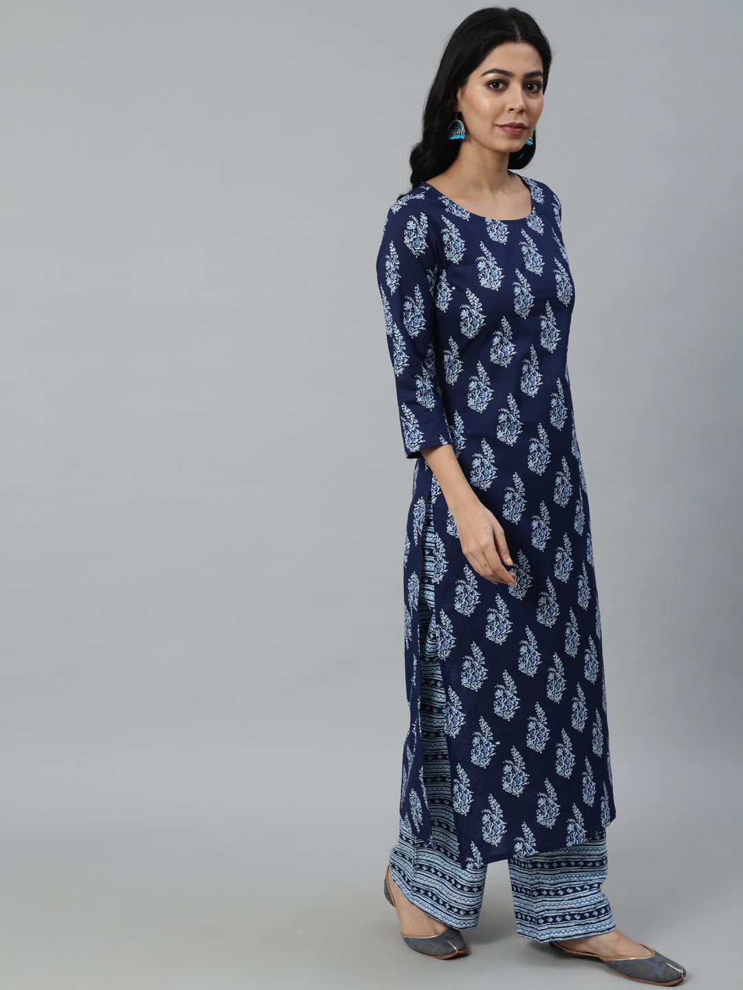 Women's Navy Blue Printed Straight Kurta With Plazo & Dupatta