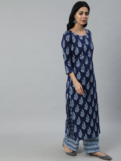 Women's Navy Blue Printed Straight Kurta With Plazo & Dupatta