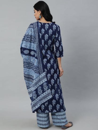 Women's Navy Blue Printed Straight Kurta With Plazo & Dupatta