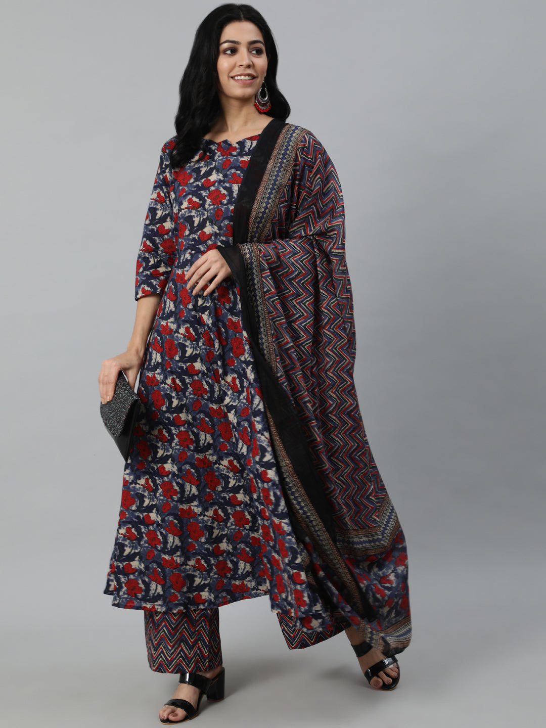 Women's Multi Floral Printed Flared Kurta With Palazzo Dupatta