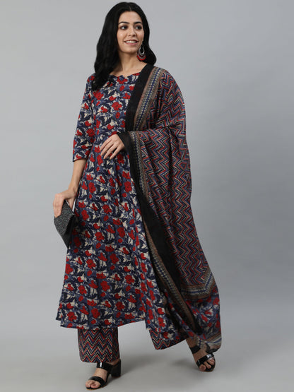 Women's Multi Floral Printed Flared Kurta With Palazzo Dupatta