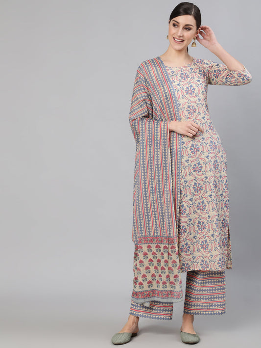 Women's Cream Ethnic Prnited Kurta With Palazzo And Dupatta
