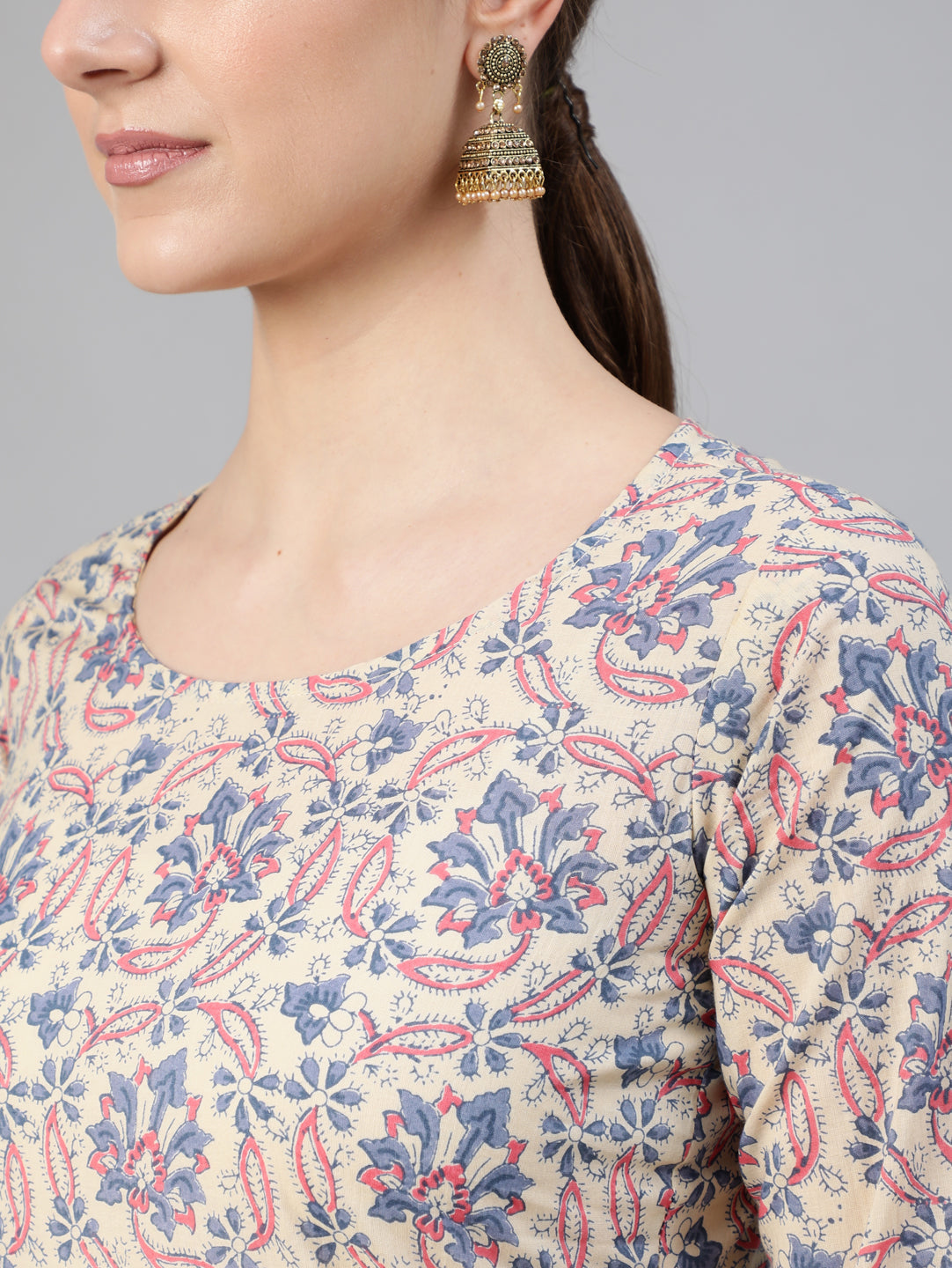 Women's Cream Ethnic Prnited Kurta With Palazzo And Dupatta