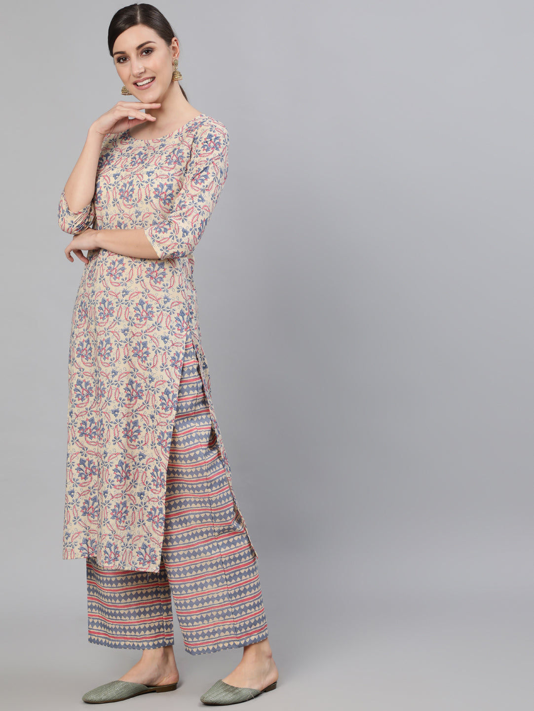 Women's Cream Ethnic Prnited Kurta With Palazzo And Dupatta