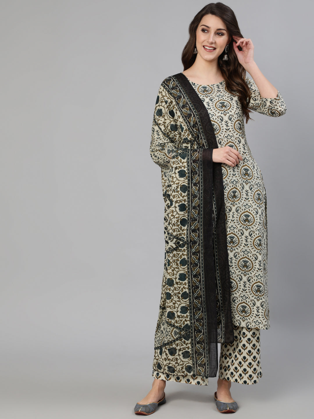 Women's Off White Ethnic Motif Printed Kurta With Palzzo And Dupatta