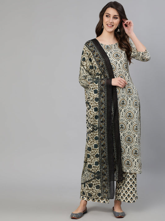 Women's Off White Ethnic Motif Printed Kurta With Palzzo And Dupatta