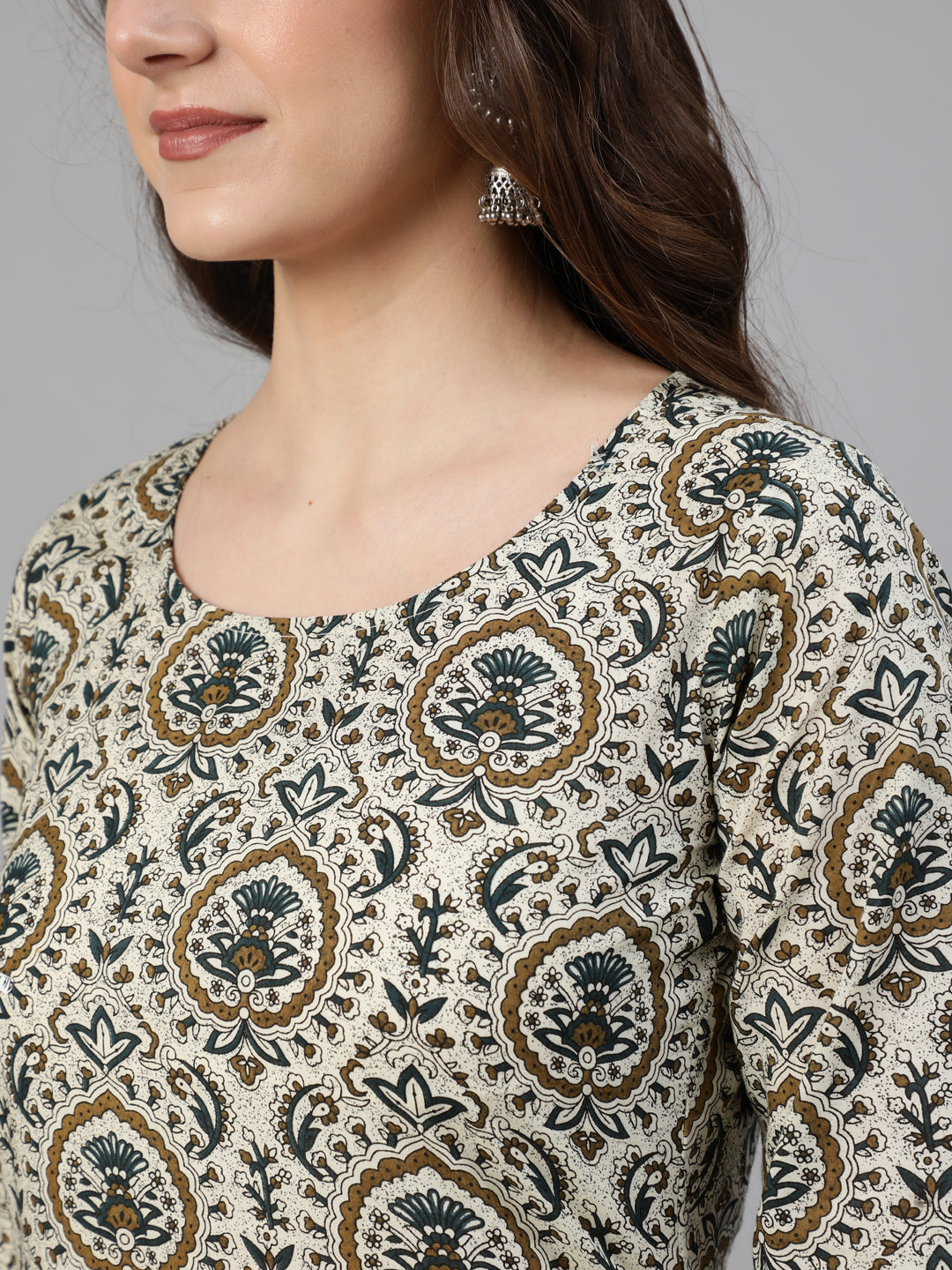 Women's Off White Ethnic Motif Printed Kurta With Palzzo And Dupatta