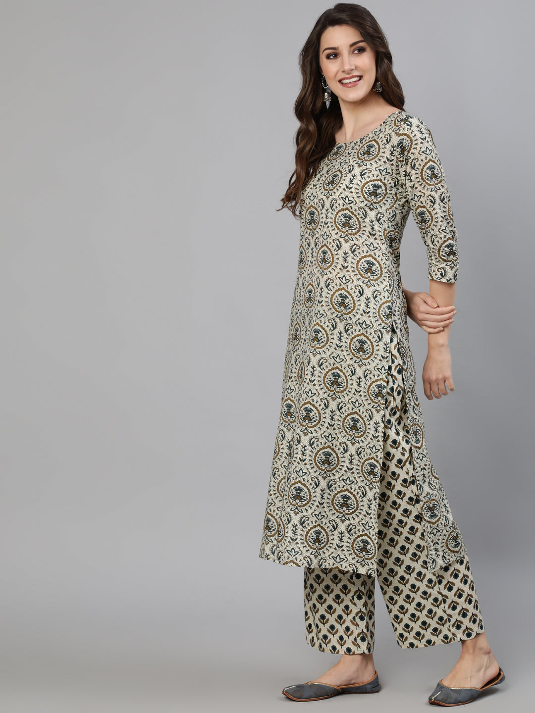 Women's Off White Ethnic Motif Printed Kurta With Palzzo And Dupatta