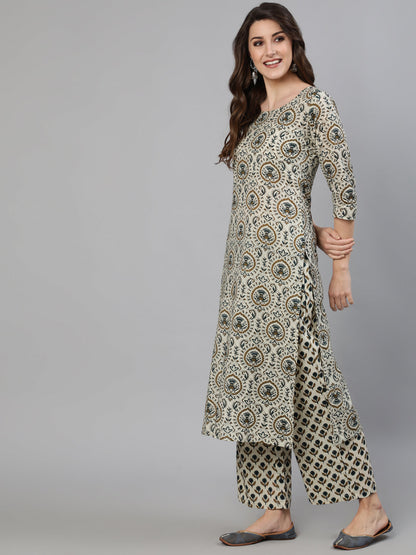 Women's Off White Ethnic Motif Printed Kurta With Palzzo And Dupatta