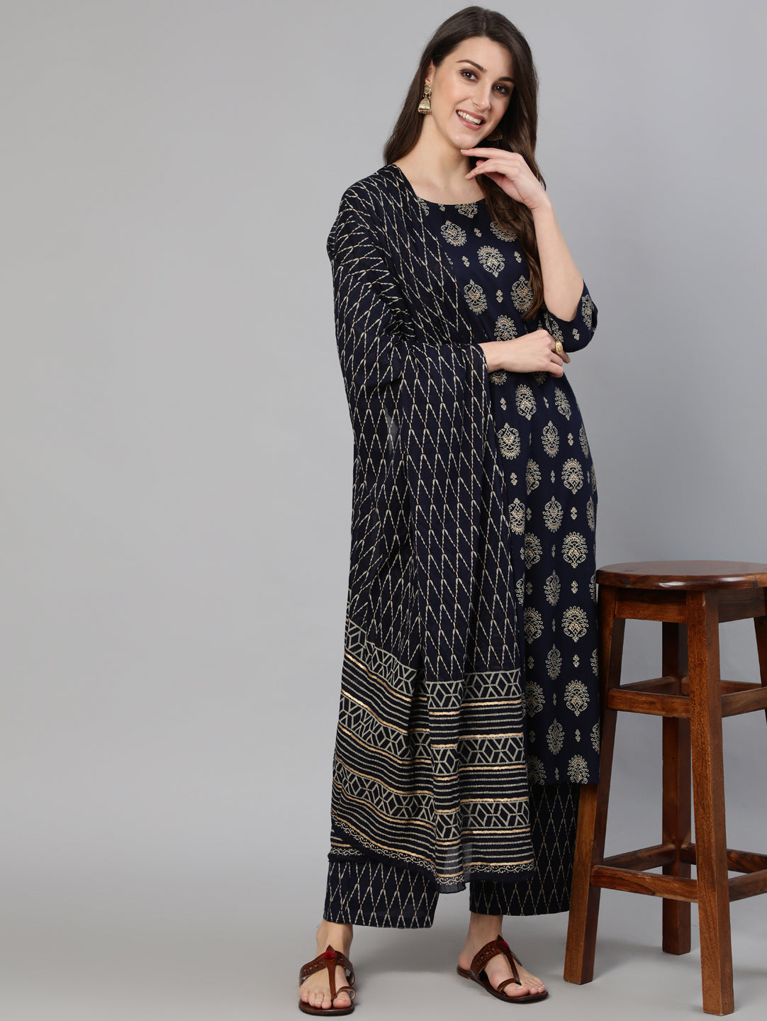 Women's Navy Blue & Gold Printed Straight Kurta With Plazo & Dupatta
