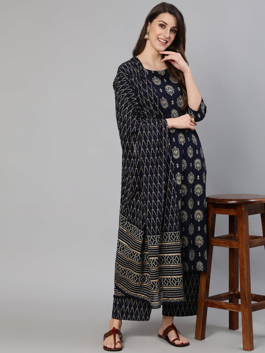 Women's Navy Blue & Gold Printed Straight Kurta With Plazo & Dupatta
