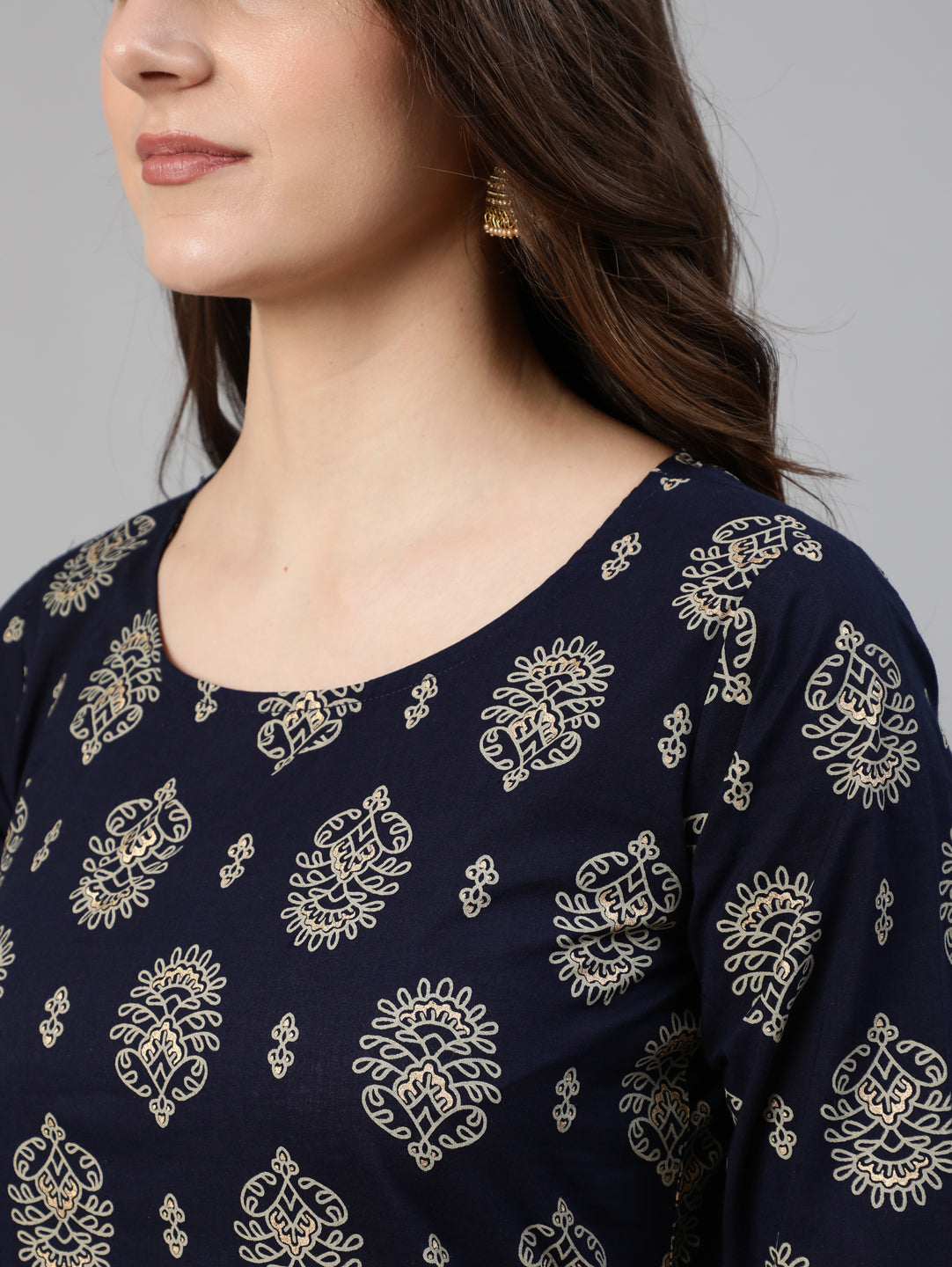 Women's Navy Blue & Gold Printed Straight Kurta With Plazo & Dupatta