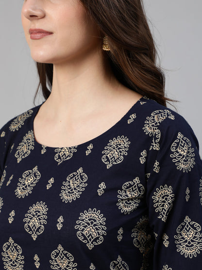 Women's Navy Blue & Gold Printed Straight Kurta With Plazo & Dupatta