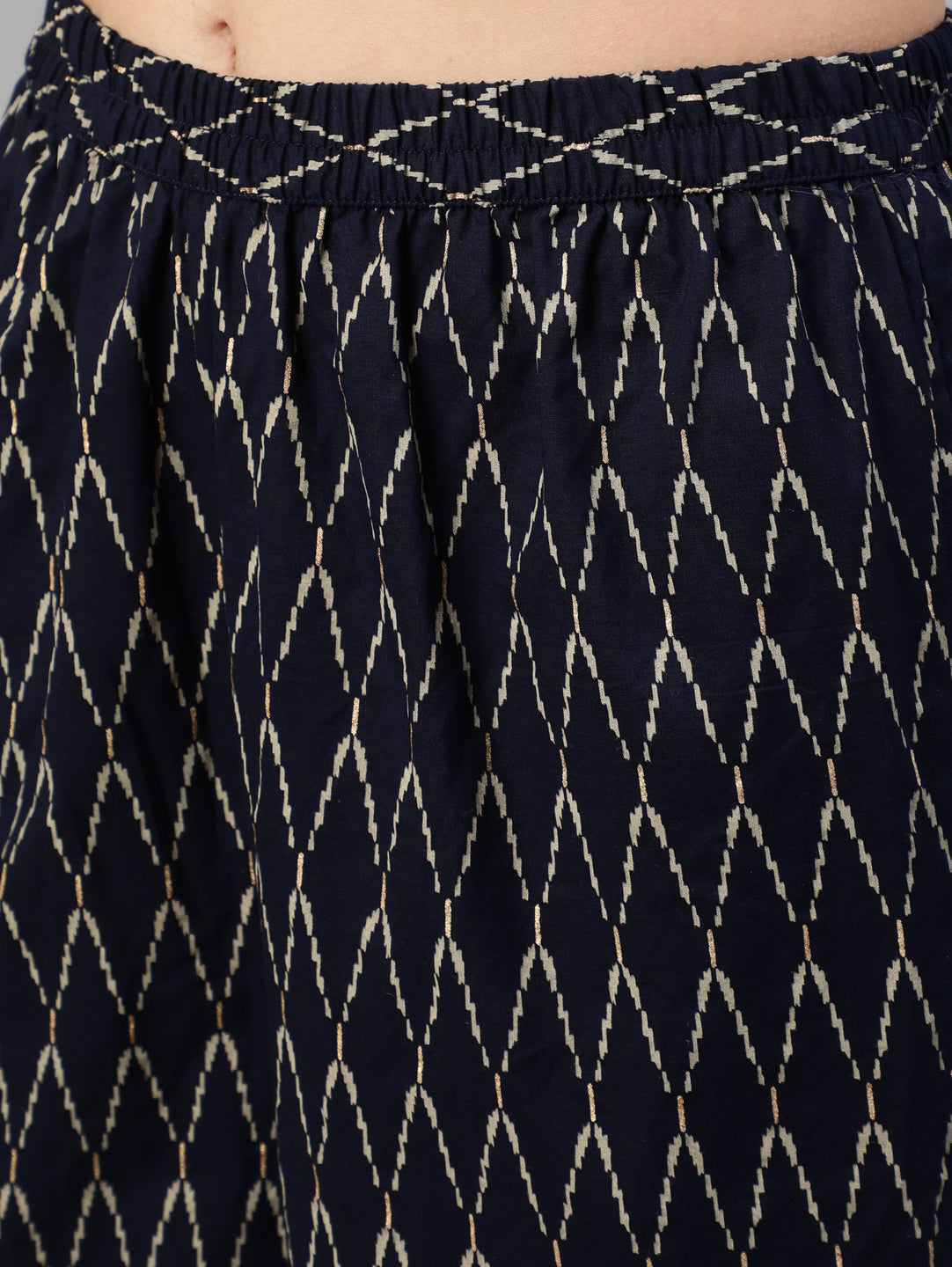 Women's Navy Blue & Gold Printed Straight Kurta With Plazo & Dupatta