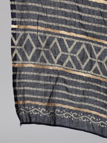 Women's Navy Blue & Gold Printed Straight Kurta With Plazo & Dupatta