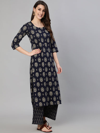Women's Navy Blue & Gold Printed Straight Kurta With Plazo & Dupatta