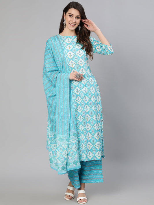 Women's Blue & Off White Printed Kurta With Plazo & Dupatta
