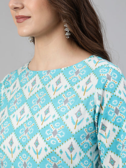Women's Blue & Off White Printed Kurta With Plazo & Dupatta