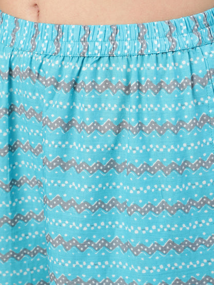 Women's Blue & Off White Printed Kurta With Plazo & Dupatta