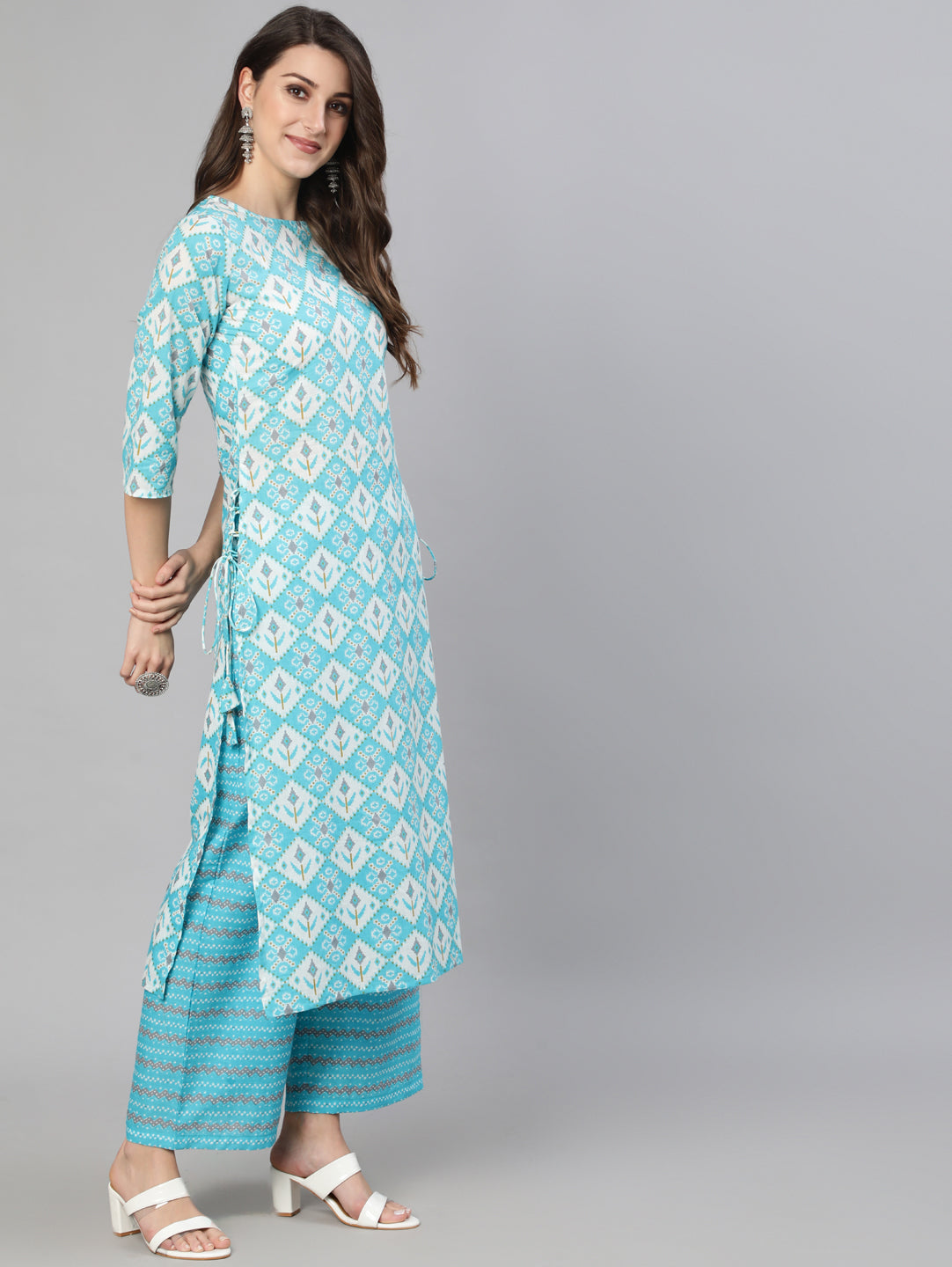Women's Blue & Off White Printed Kurta With Plazo & Dupatta