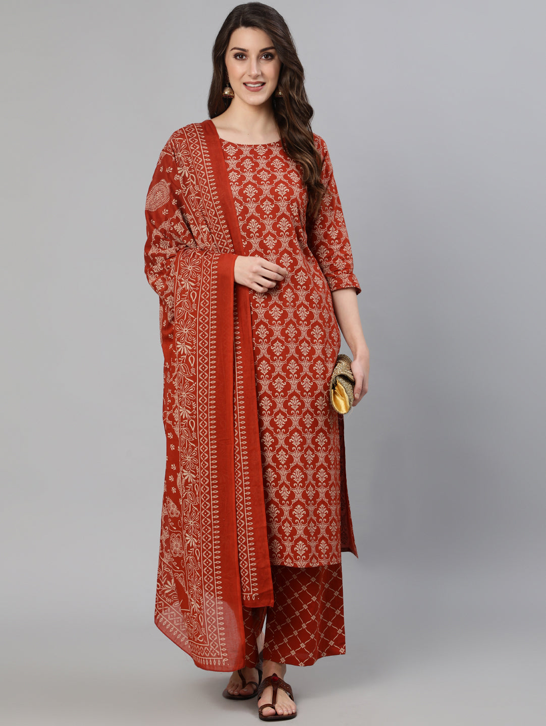 Women's Rust Ethnic Printed Straight Kurta With Palazzo And Dupatta