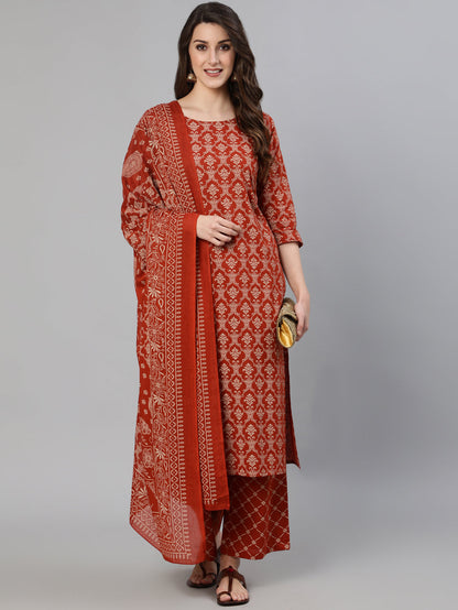 Women's Rust Ethnic Printed Straight Kurta With Palazzo And Dupatta