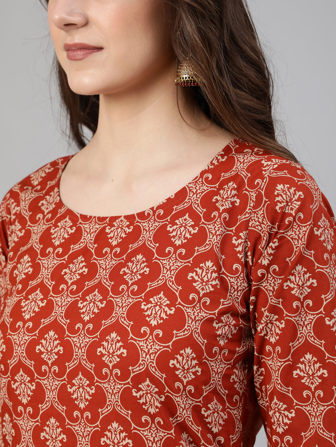 Women's Rust Ethnic Printed Straight Kurta With Palazzo And Dupatta