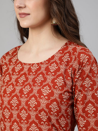 Women's Rust Ethnic Printed Straight Kurta With Palazzo And Dupatta