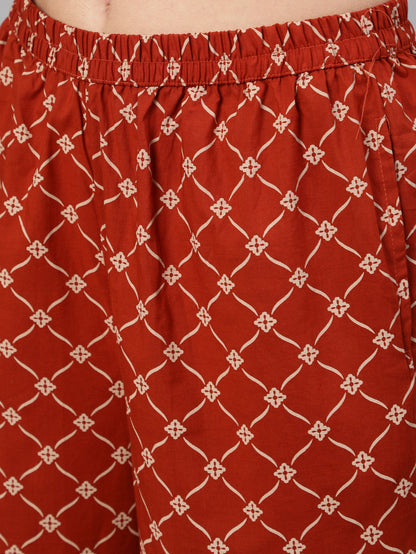 Women's Rust Ethnic Printed Straight Kurta With Palazzo And Dupatta