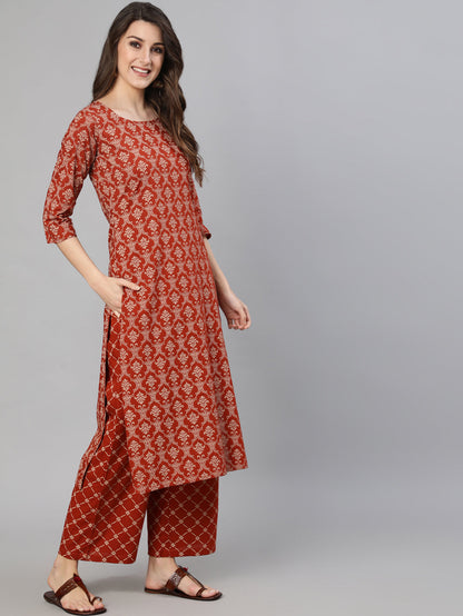 Women's Rust Ethnic Printed Straight Kurta With Palazzo And Dupatta