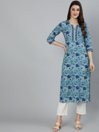 Women's Blue Floral Printed Straight Kurta With Three Quarter Sleeves