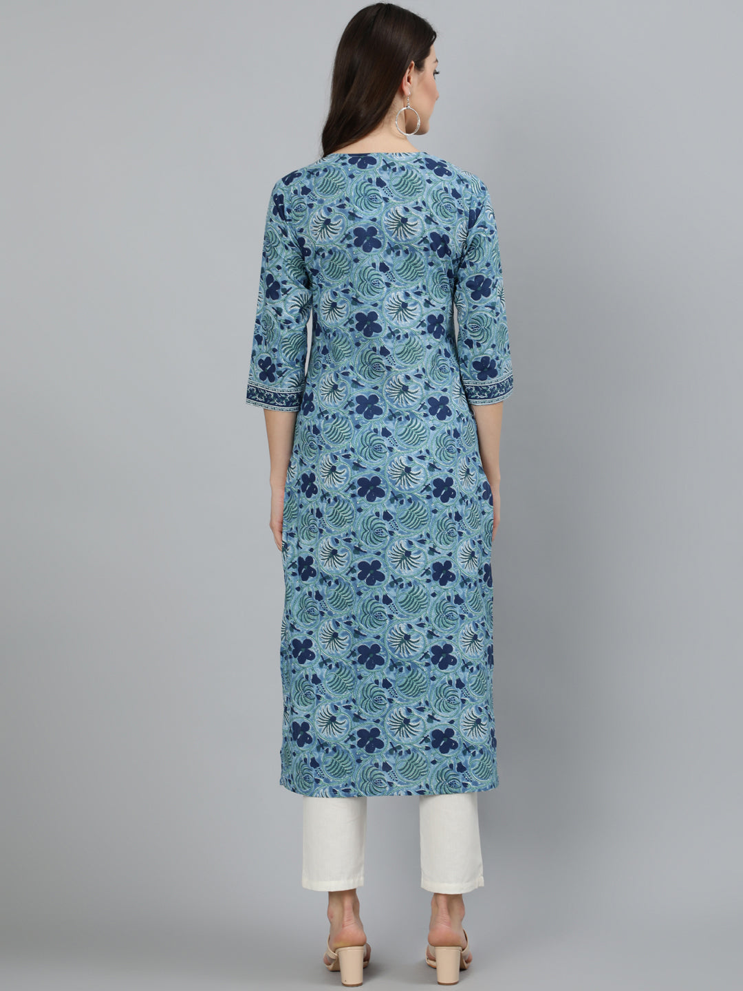 Women's Blue Floral Printed Straight Kurta With Three Quarter Sleeves