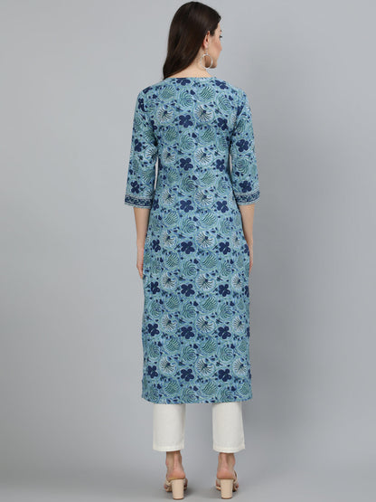 Women's Blue Floral Printed Straight Kurta With Three Quarter Sleeves
