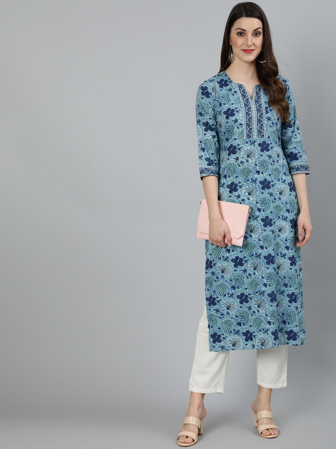 Women's Blue Floral Printed Straight Kurta With Three Quarter Sleeves