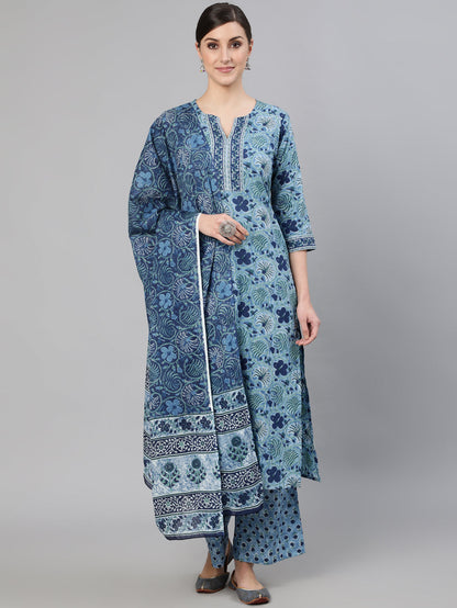 Women's Blue Printed Straight Kurta With Plazo & Dupatta