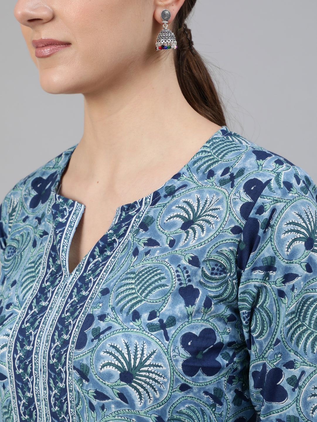 Women's Blue Printed Straight Kurta With Plazo & Dupatta