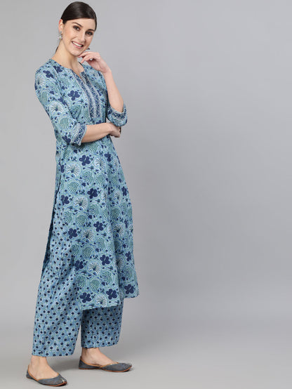 Women's Blue Printed Straight Kurta With Plazo & Dupatta
