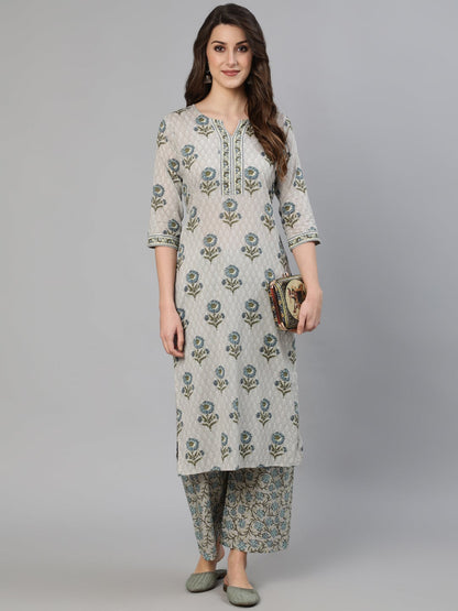 Women's Grey Floral Printed  Straight Kurta With One Side Pocket