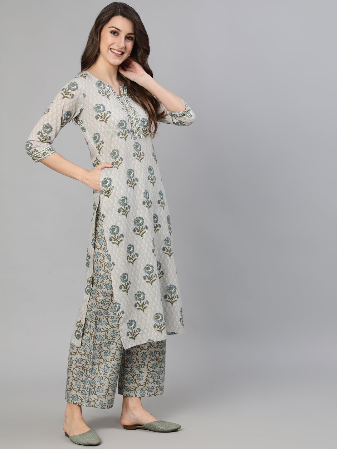 Women's Grey Floral Printed  Straight Kurta With One Side Pocket