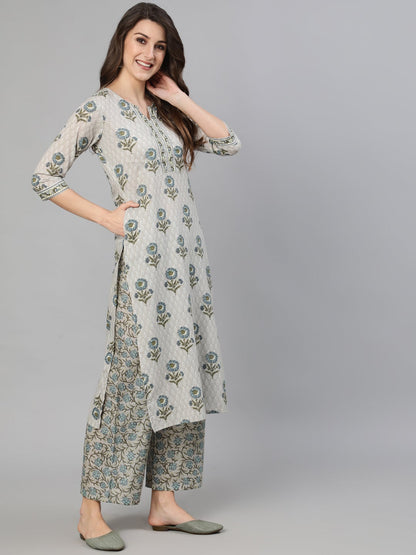 Women's Grey Floral Printed  Straight Kurta With One Side Pocket