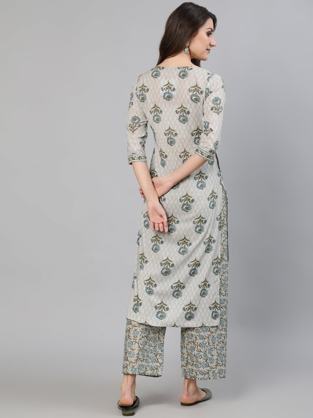 Women's Grey Floral Printed  Straight Kurta With One Side Pocket