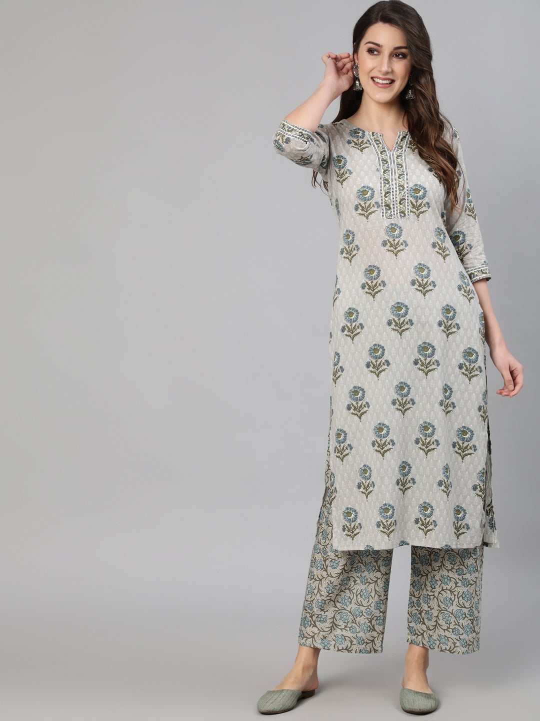 Women's Grey Floral Printed  Straight Kurta With One Side Pocket